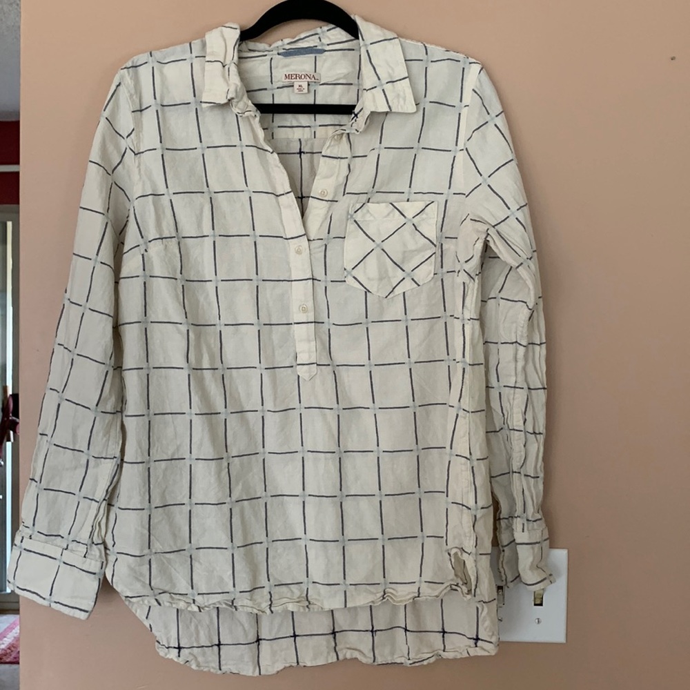 Merona XL 1/4 button shirt with blue squares.